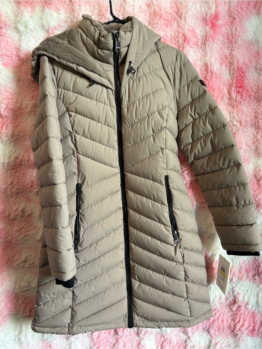 Beige Quilted Long Puffer Coat with Hood - Women - DKNY